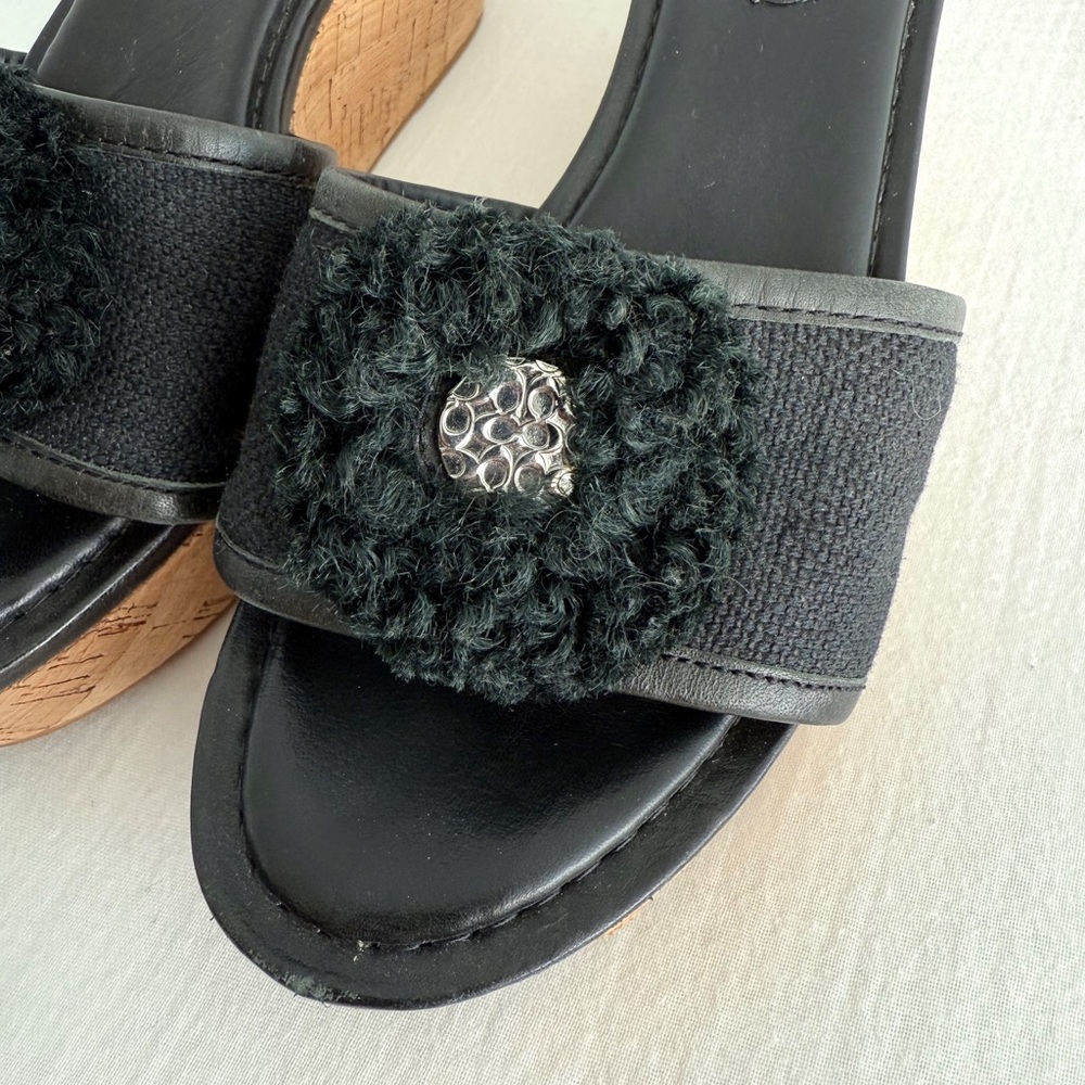 Coach Jazmin Black Leather & Cork Wedge Sandals - Picture 4 of 8